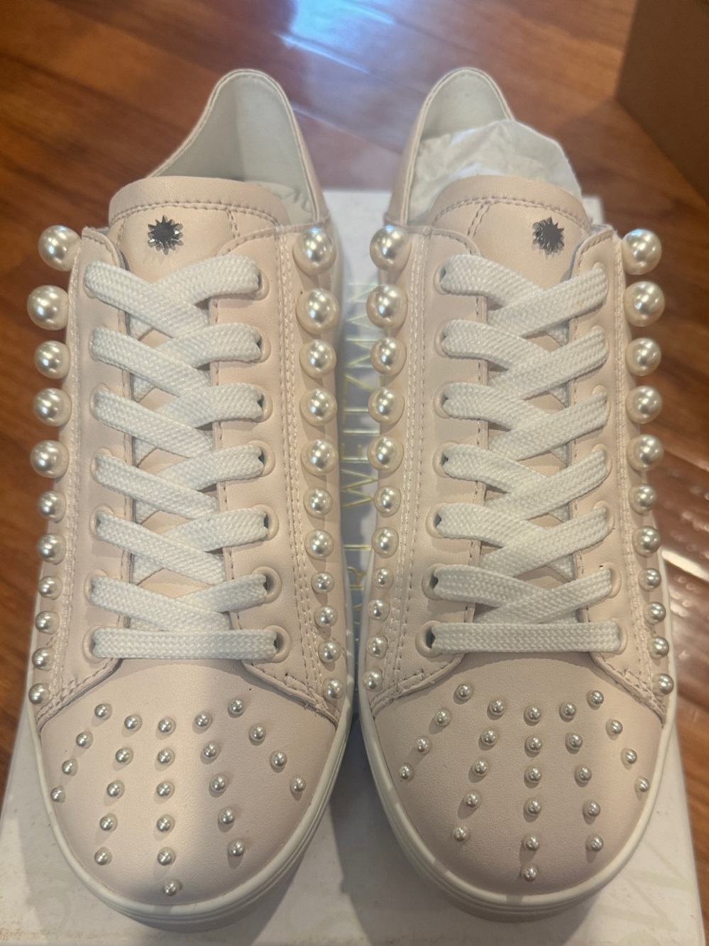 Stuart Weitzman Pearl & Stud Embellished Sneakers - Cream